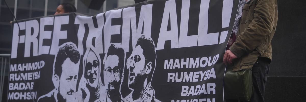 People take part in a rally and a protest in solidarity with pro-Palestinian students