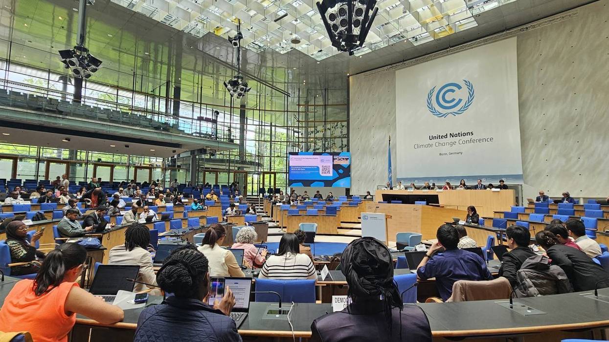 People take part in UN climate talks in Bonn, Germany.