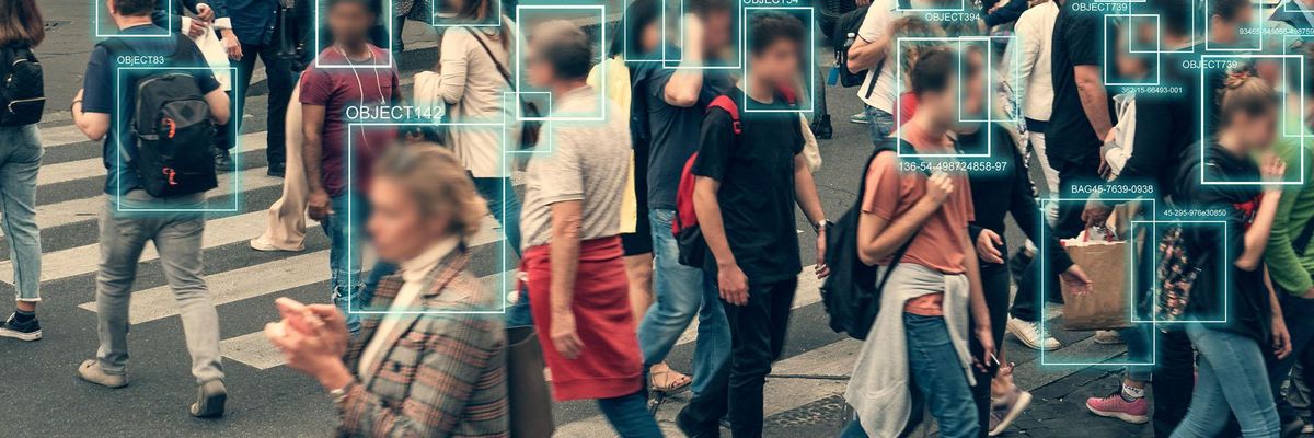 People walking with faces covered in AI data