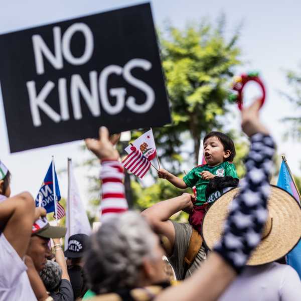 Person holds up sign reading, "No Kings."