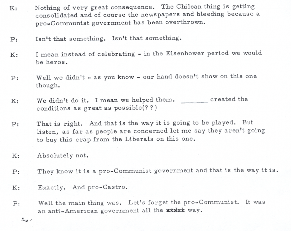 Phone call between Richard Nixon (P) and Henry Kissinger (K) on September 16, 1973.