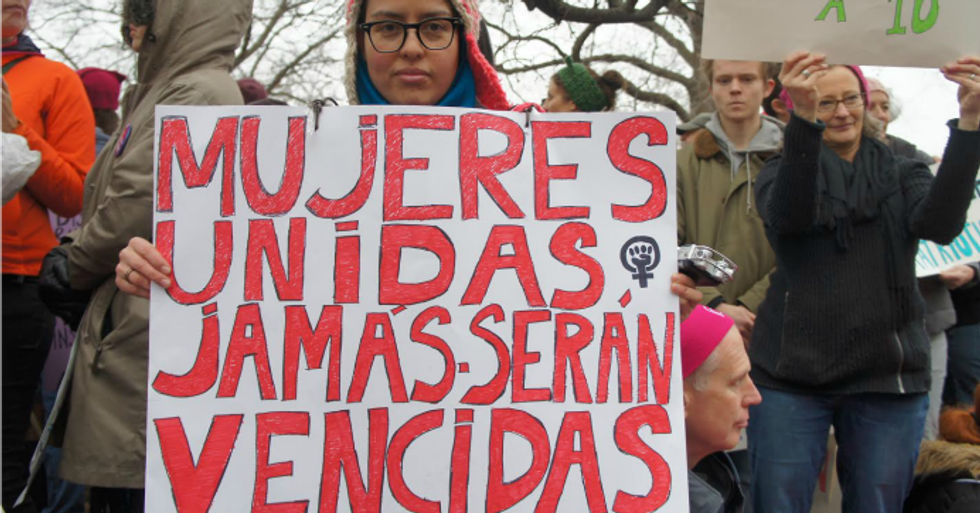 Photo 2: 'Women united, will never be defeated.' (Credit: Emily Arasim/WECAN)