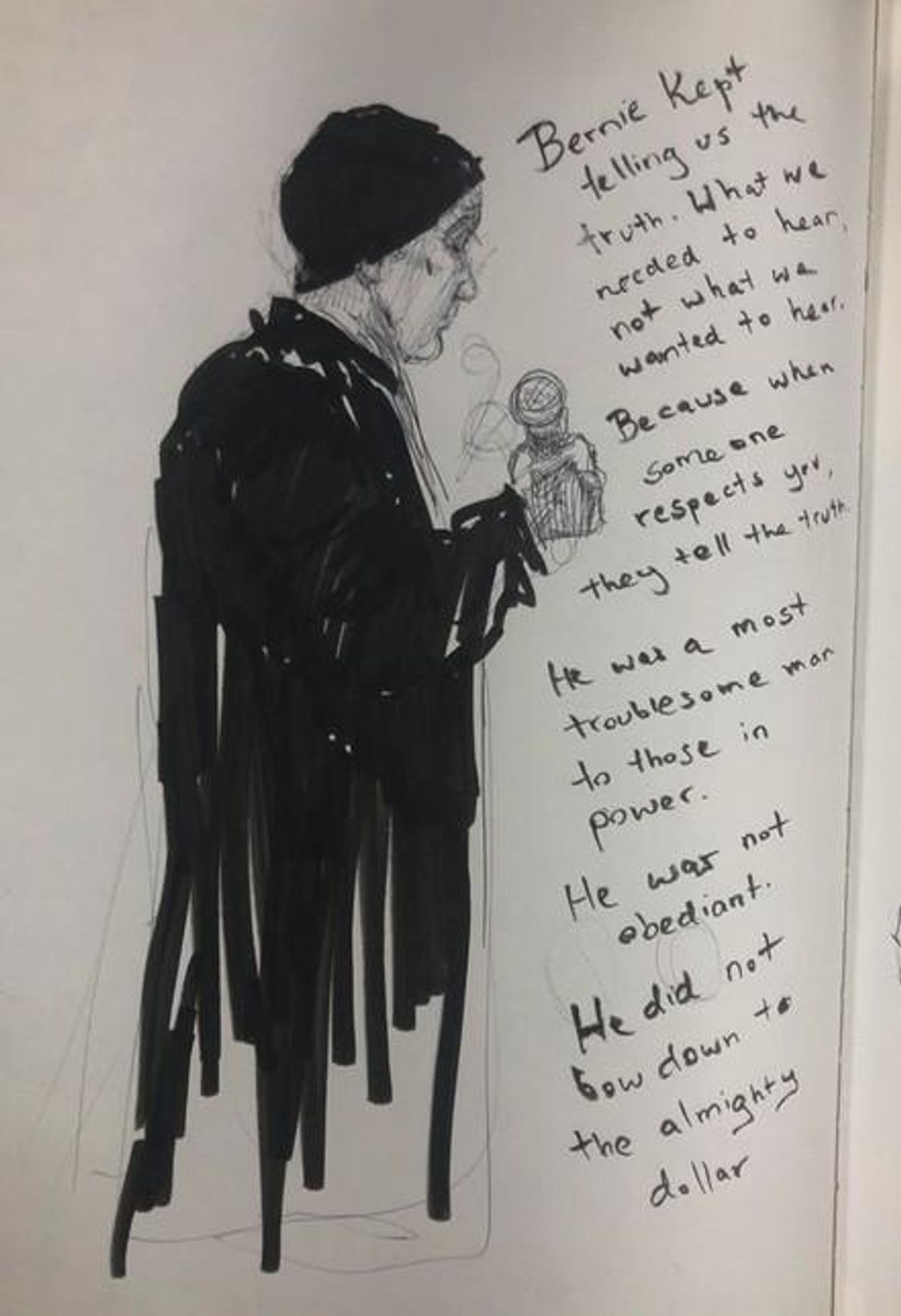 Photo of a drawing by artist and write Molly Crabapple of actor and progressive activist John Cusack at a campaign rally in New Hampshire over the weekend. (Credit: Molly Crabapple/Courtesy of the artist)