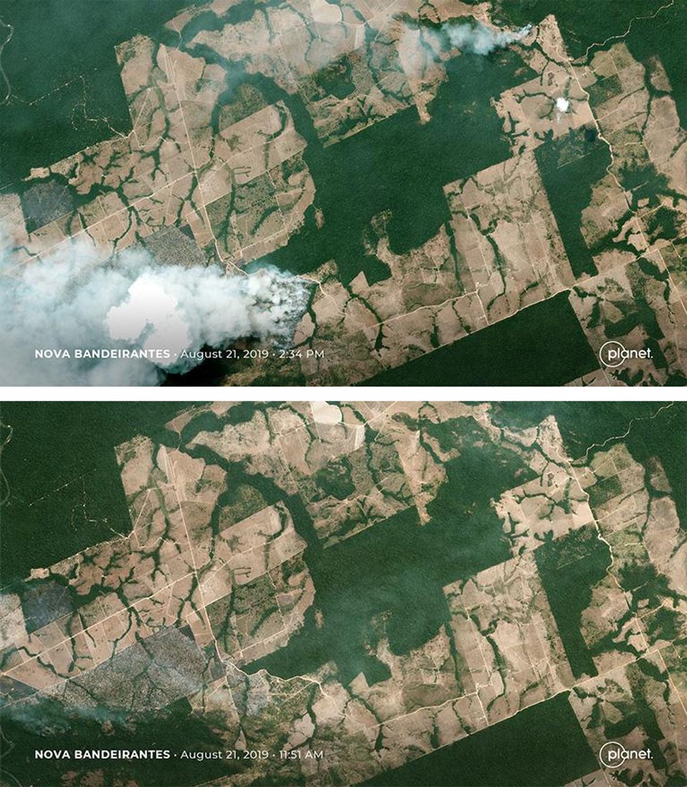 Planet image showing Nova Bandeirantes, Mato_Grosso before and after a fire on August 21, 2019. Courtesy of Planet Labs Inc.