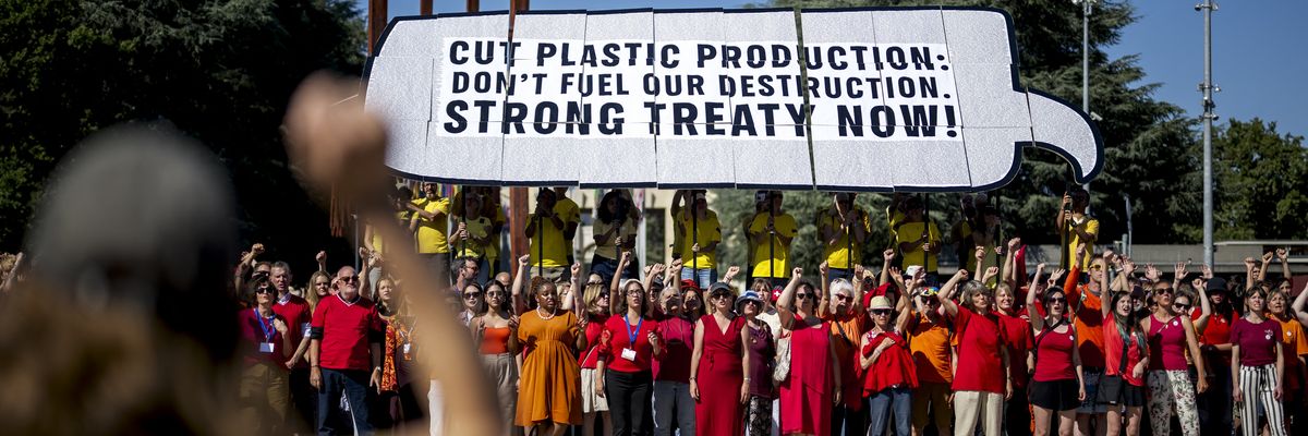 Plastics treaty protest.