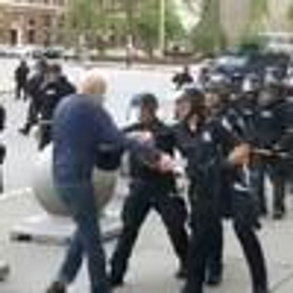 Police officers in Buffalo, New York are seen shoving Martin Gugino to the ground during a protest on June 5, 2020. (Photo: Screengrab/WBFO)