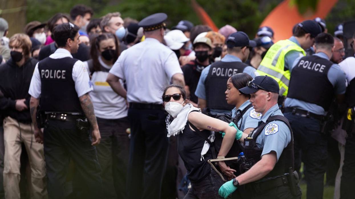 Police take demonstrators into custody on the campus of the Art Institute of Chicago