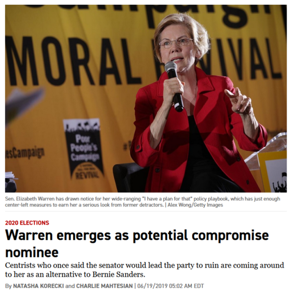 Politico (6/19/19) reports that Warren's