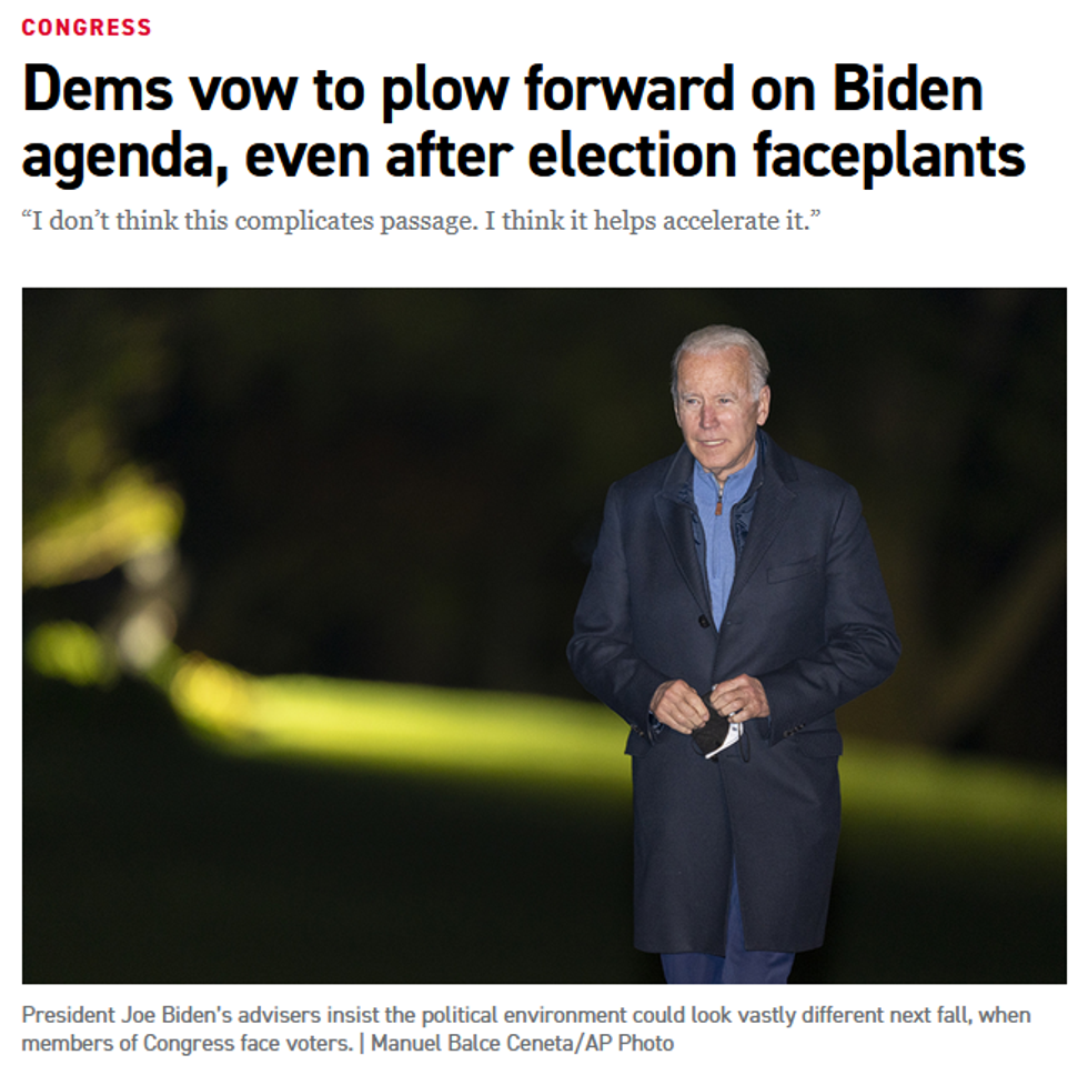 Politico: Dems vow to plow forward on Biden agenda, even after election faceplants
