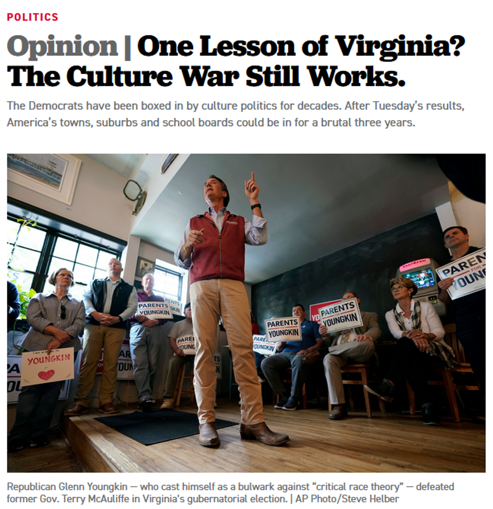 Politico: One Lesson of Virginia? The Culture War Still Works.