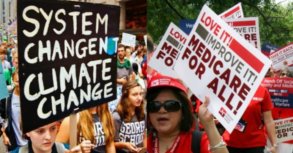 Polling results published Tuesday show that it is very important to the majority of Democratic voters that the 2020 presidential candidate support aggressive climate policies and Medicare for Al. (Photos: Joe Brusky/Flickr/cc; National Nurses United/Flickr/cc)