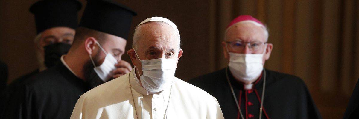 Pope Francis arrives for a meeting with religious leaders in the Hall of Benedictions on October 4, 2021 in Vatican City