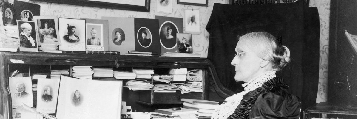 Portrait of Susan B. Anthony sitting at a desk, circa 1868.