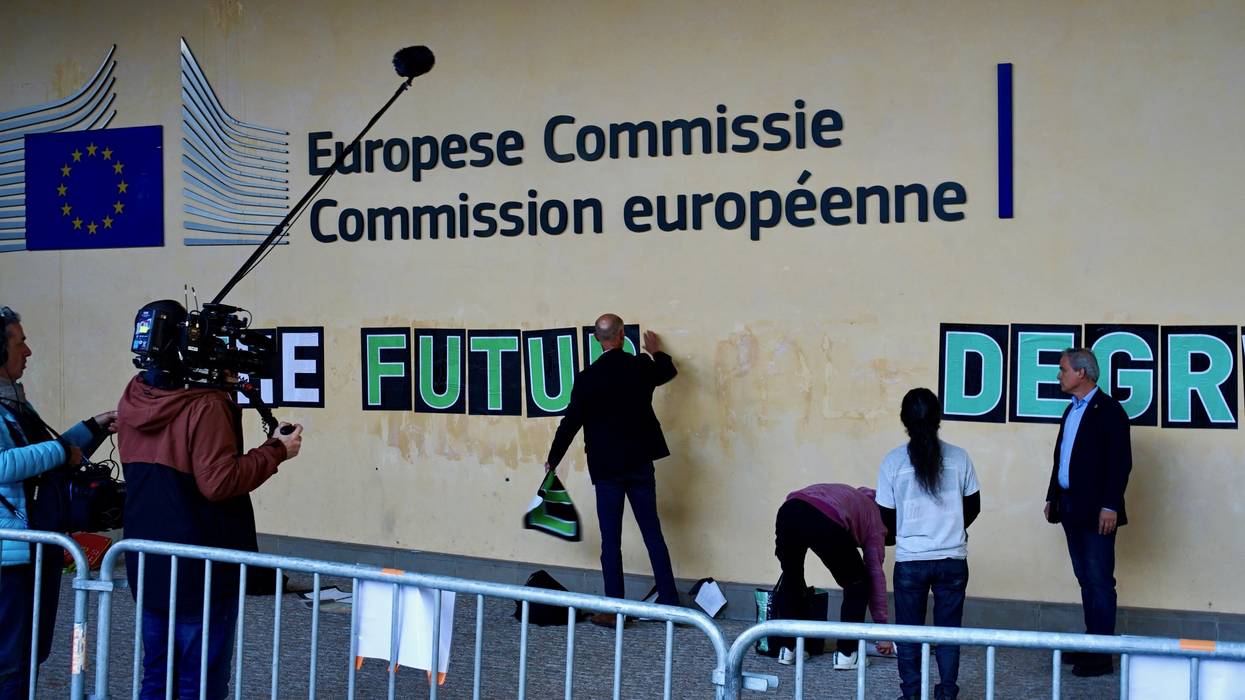 poster on facade of European Commission