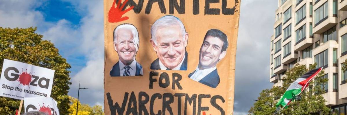 Poster says Biden, Sunak and Netanyahu guilty of war crimes