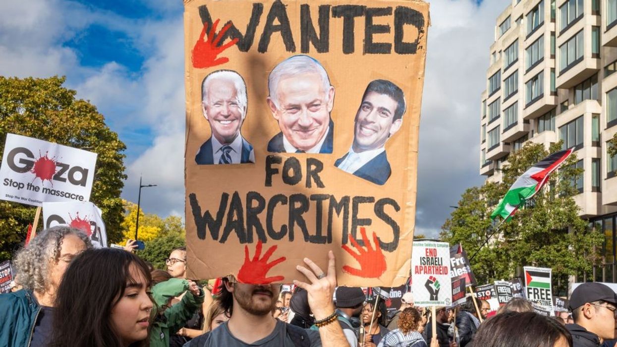 Poster says Biden, Sunak and Netanyahu guilty of war crimes