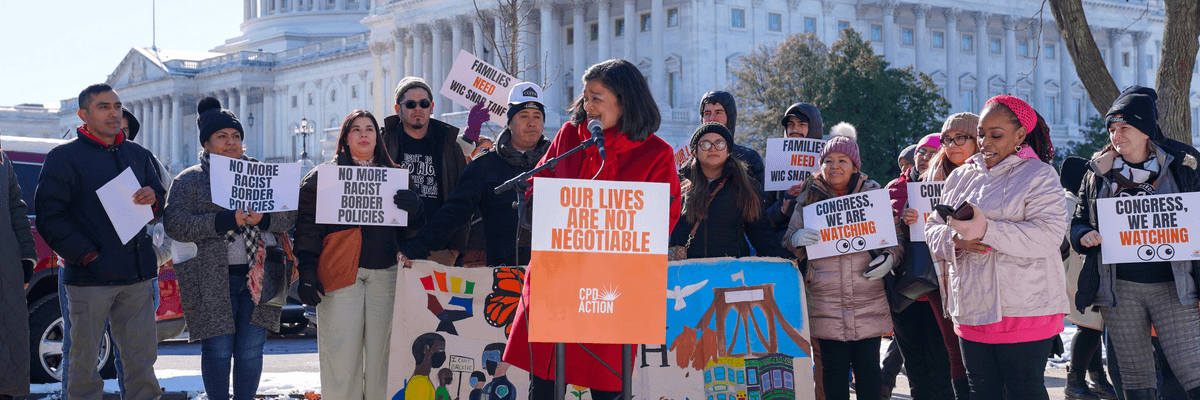Pramila Jayapal speaks at a rally outside the Capitol
