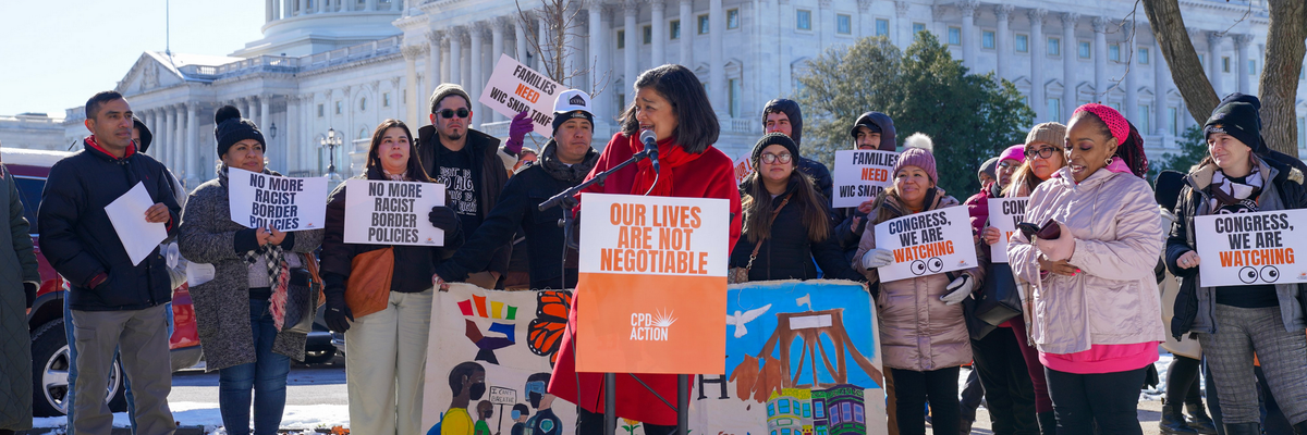 Pramila Jayapal speaks at a rally outside the Capitol