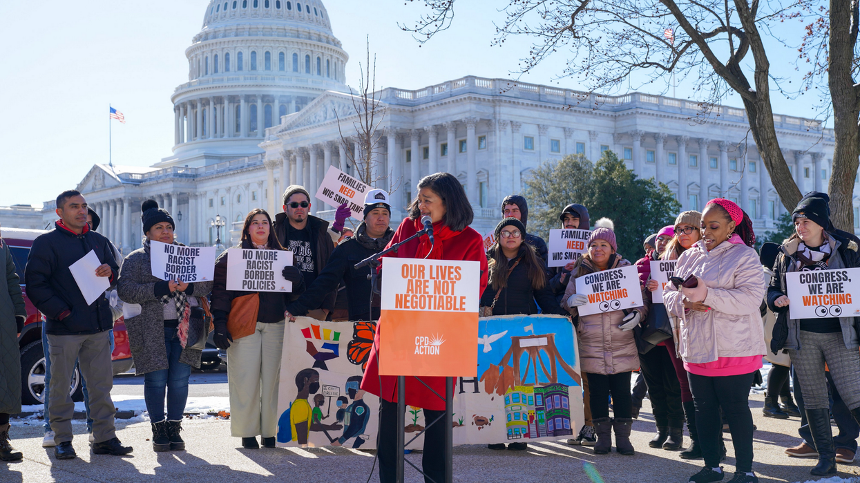 Pramila Jayapal speaks at a rally outside the Capitol