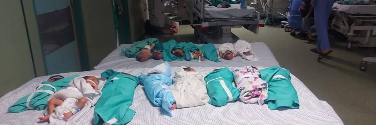 Premature babies on a bed in Gaza.