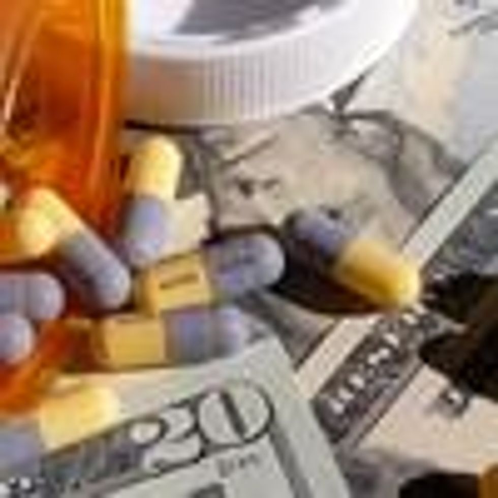 Prescription pills shown with $20 bills.