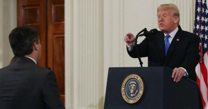 President Donald Trump gets into an exchange with Jim Acosta of CNN after giving remarks a day after the midterm elections on November 7, 2018 in the East Room of the White House in Washington, D.C. (Photo: Mark Wilson/Getty Images)