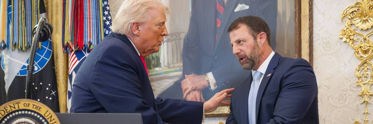 President Donald Trump participates in the swearing-in ceremony for Homeland Security Secretary Markwayne Mullin