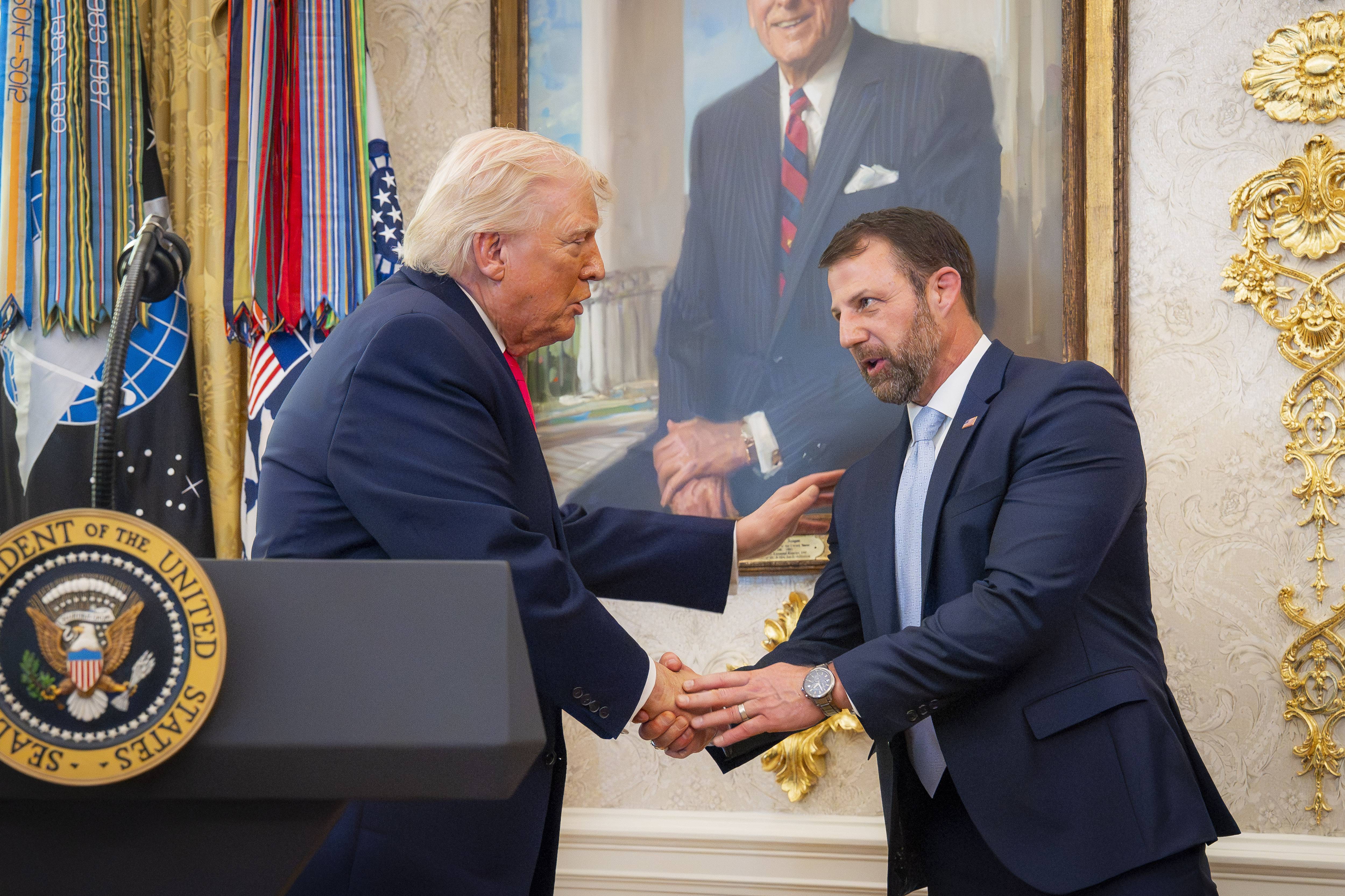 President Donald Trump participates in the swearing-in ceremony for Homeland Security Secretary Markwayne Mullin