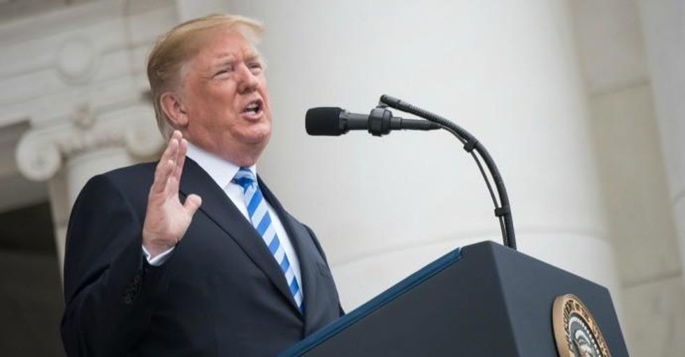 President Donald Trump speaking at Arlington National Cemetery on May 28, 2018.