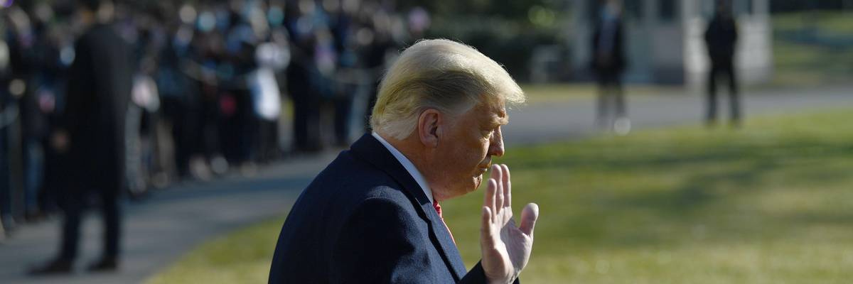 President Donald Trump waves to the media outside the White House on January 12, 2021 in Washington, D.C.