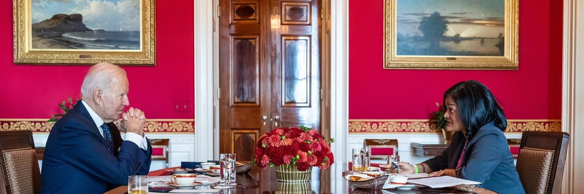 President Joe Biden and Rep. Pramila Jayapal in the Red Room of the White House
