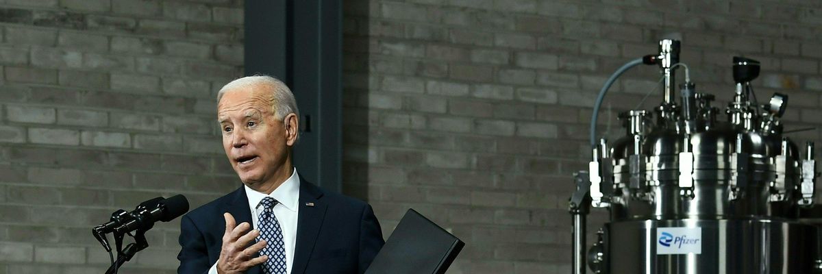 President Joe Biden speaks at a Pfizer facility