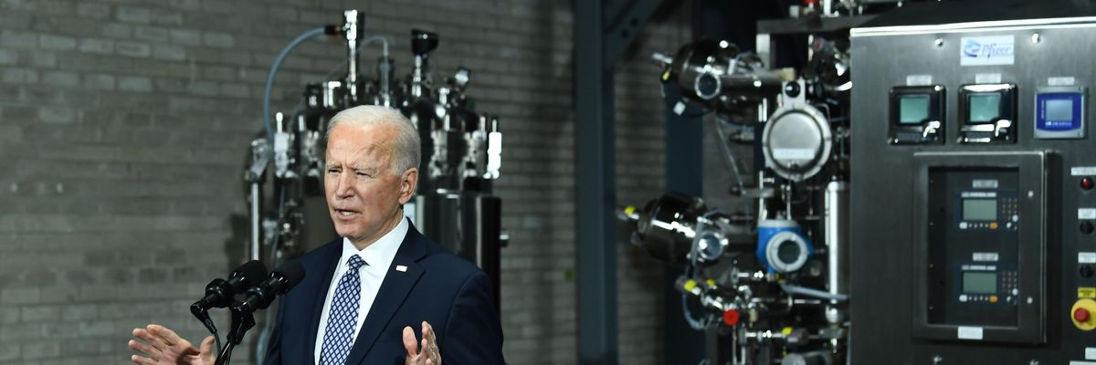 President Joe Biden speaks at Pfizer's largest manufacturing facility on February 19, 2021, in Kalamazoo, Michigan. (Photo: Brendan Smialowski/AFP via Getty Images)
