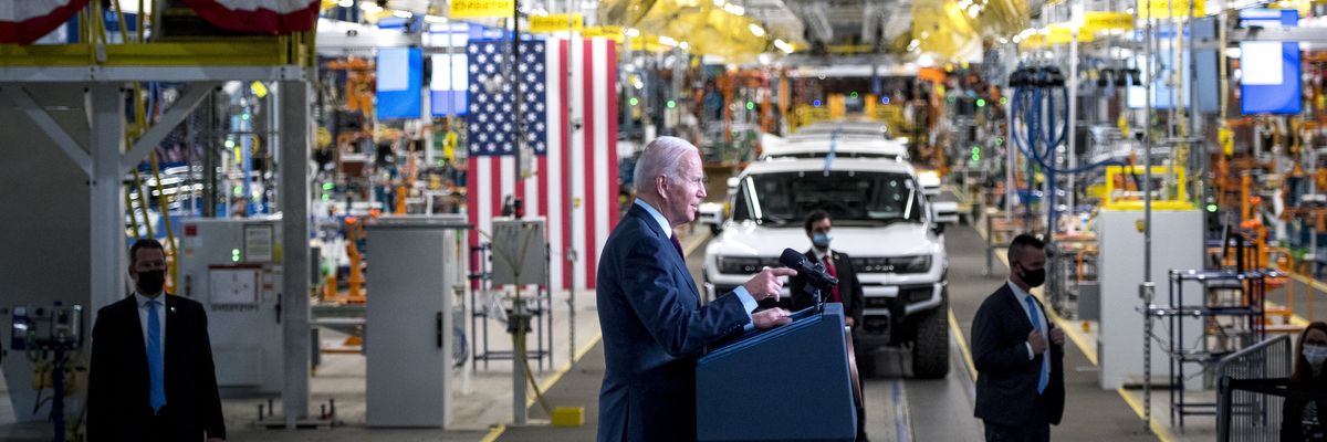 President Joe Biden speaks at the General Motors Factory ZERO electric vehicle assembly plant