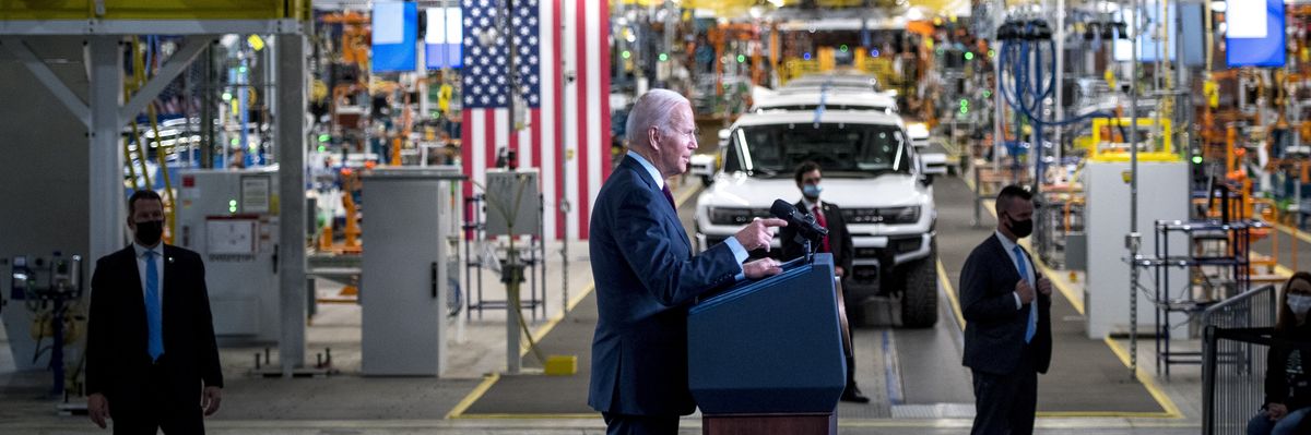 President Joe Biden speaks at the General Motors Factory ZERO electric vehicle assembly plant