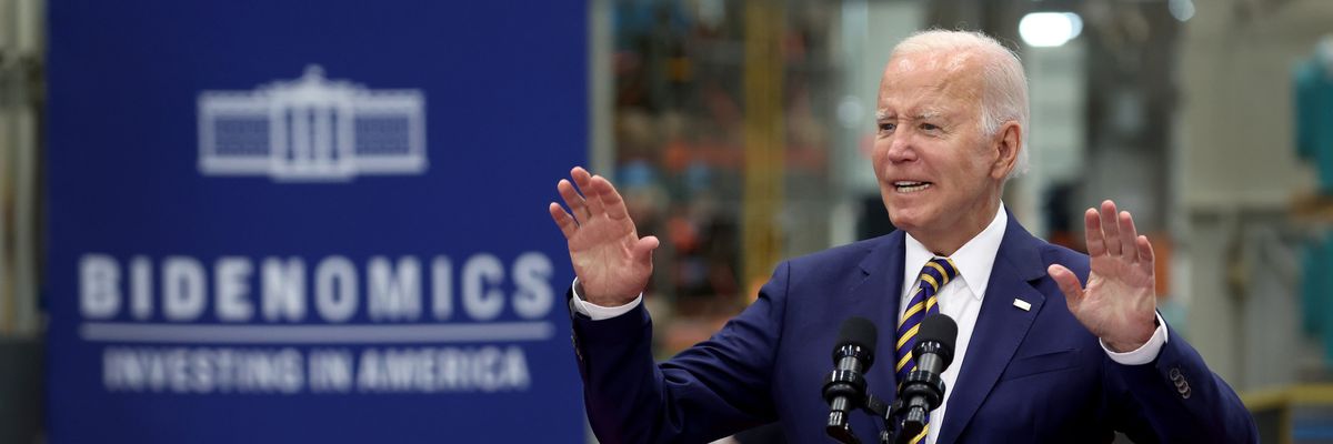 President Joe Biden speaks in Milwaukee on the eve of the first anniversary of Inflation Reduction Act.