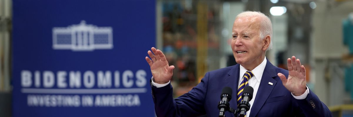 President Joe Biden speaks in Milwaukee on the eve of the first anniversary of Inflation Reduction Act.