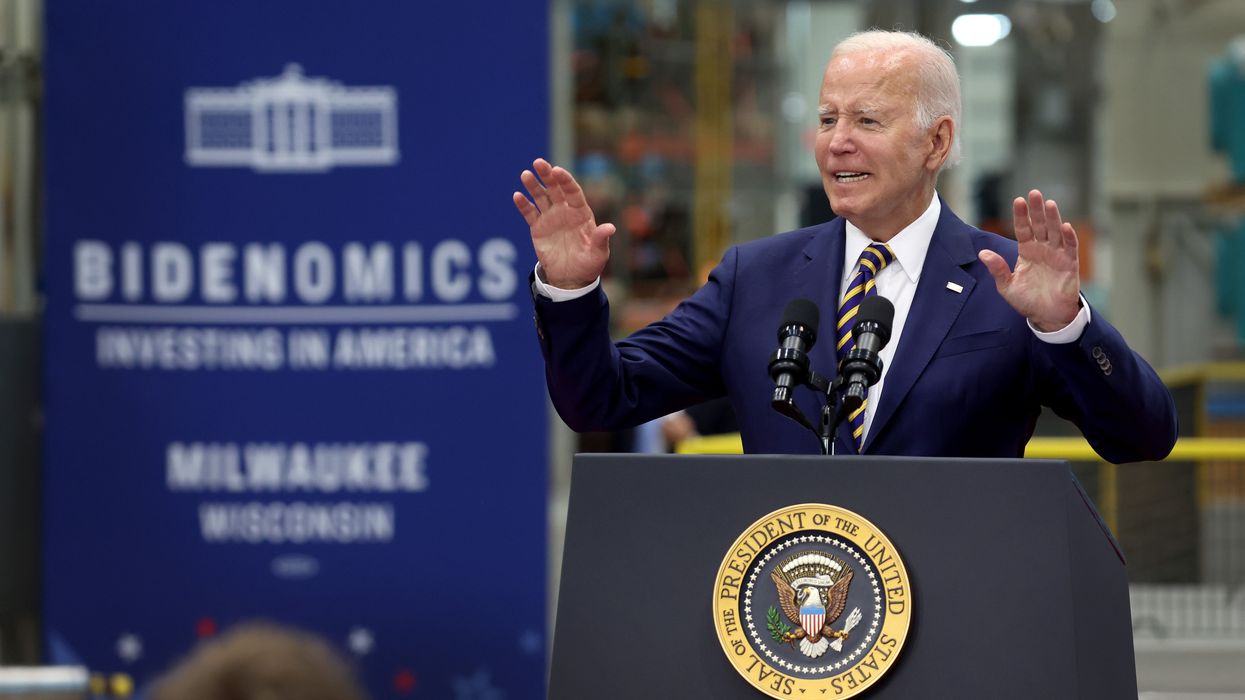 President Joe Biden speaks in Milwaukee on the eve of the first anniversary of Inflation Reduction Act.