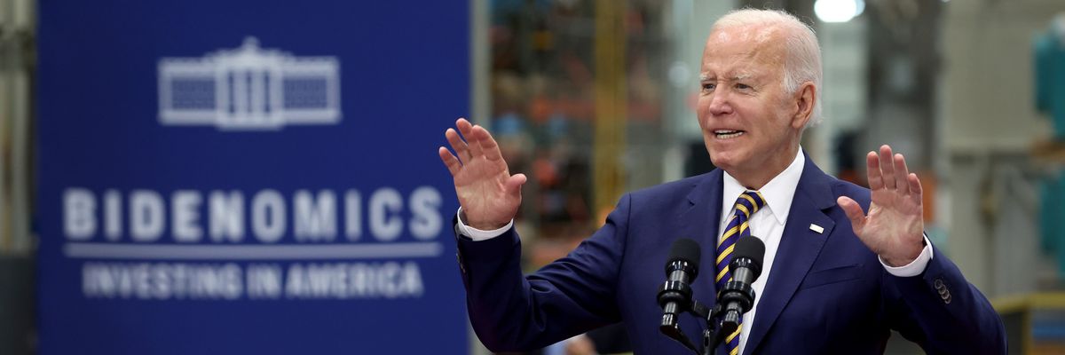 President Joe Biden speaks in Milwuakee on the eve of the first anniversary of Inflation Reduction Act.