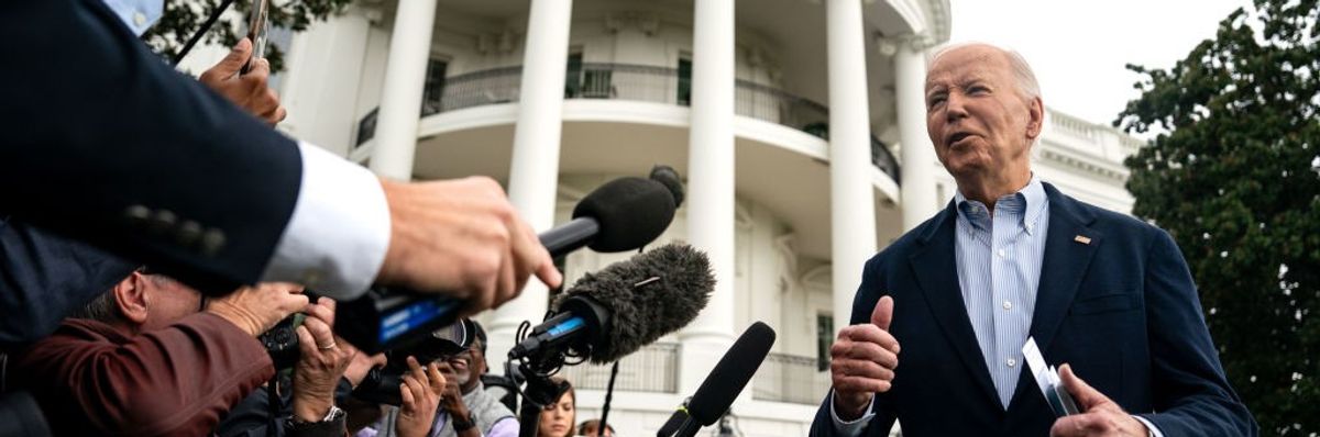 President Joe Biden speaks to reporters in front of the White House