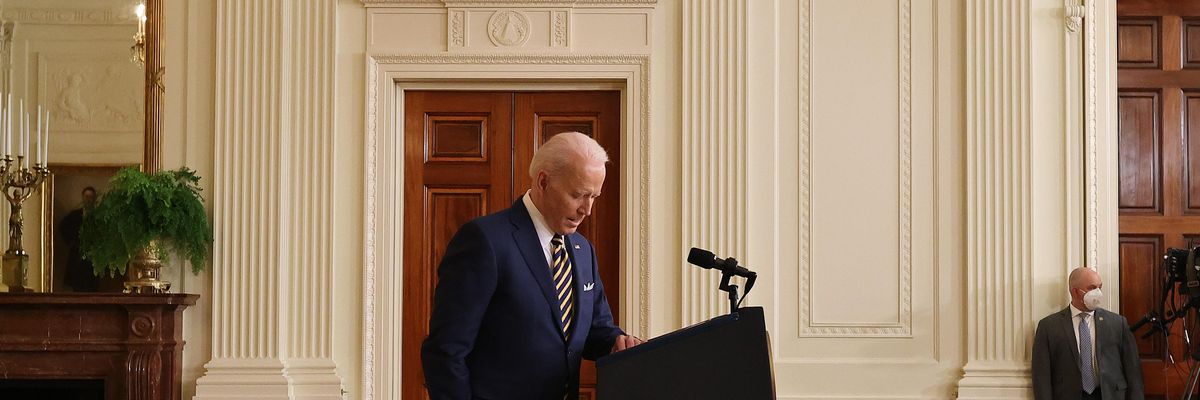 President Joe Biden talks to reporters during a news conference in the East Room of the White House on January 19, 2022, in Washington, D.C. 