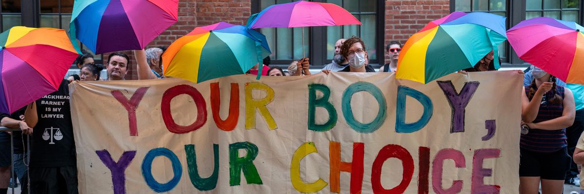Pro-abortion rights demonstrators gather outside a Planned Parenthood clinic