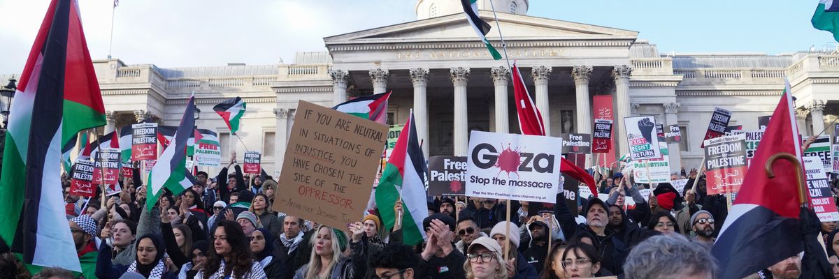 pro-Palestine demonstrators gathered in London's Trafalgar Square