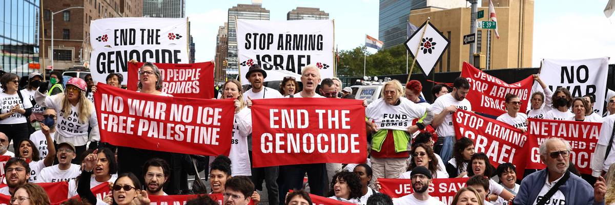 Pro-Palestinian demonstrators block First Avenue near the United Nations headquarters building
