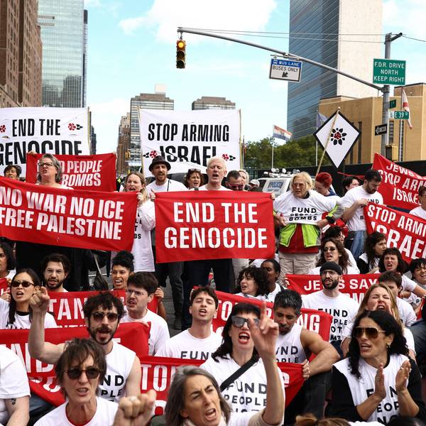 Pro-Palestinian demonstrators block First Avenue near the United Nations headquarters building