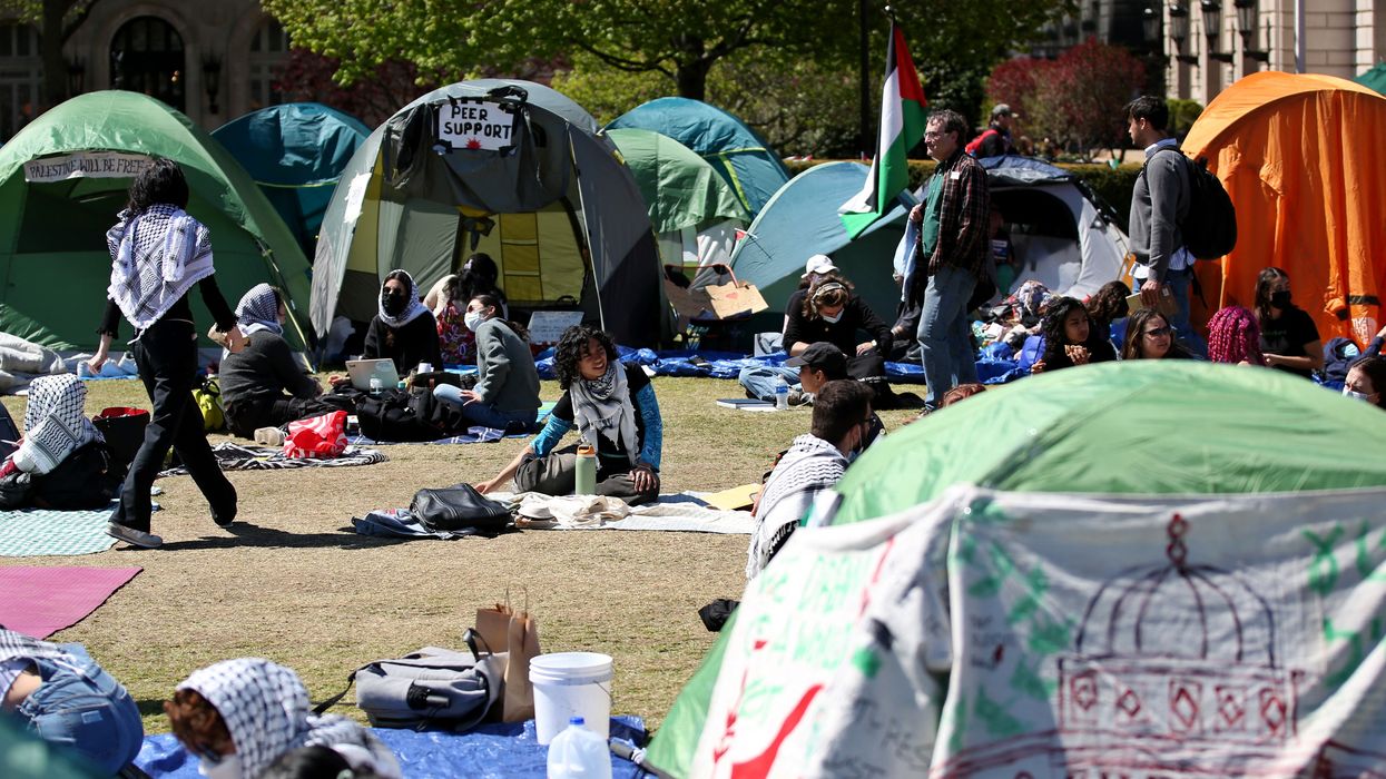 Pro-Palestinian students and activists gather at a protest encampment