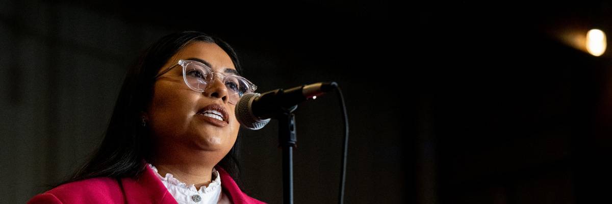 Progressive congressional candidate Jessica Cisneros speaks at an event