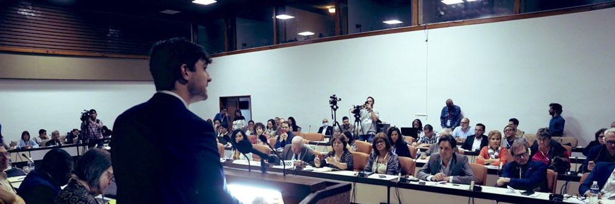 Progressive International general coordinator David Adler speaks at the Havana Congress on the New International Economic Order in Cuba on January 27, 2023.