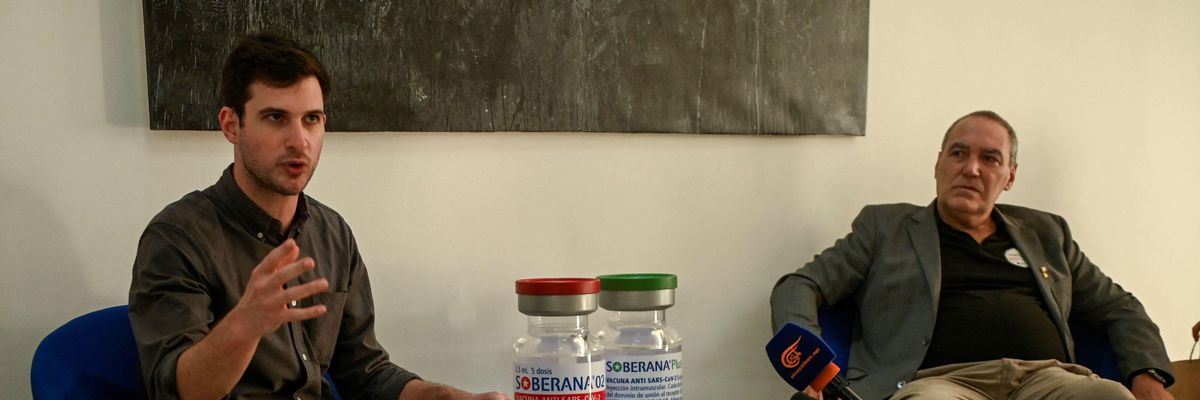 Progressive International's general coordinator David Adler (L) and Dr. Vicente Vérez Bencomo, director general of the Finlay Institute of Vaccines, talk during a press conference at the Finlay Institute on Havana, on January 24, 2022.
