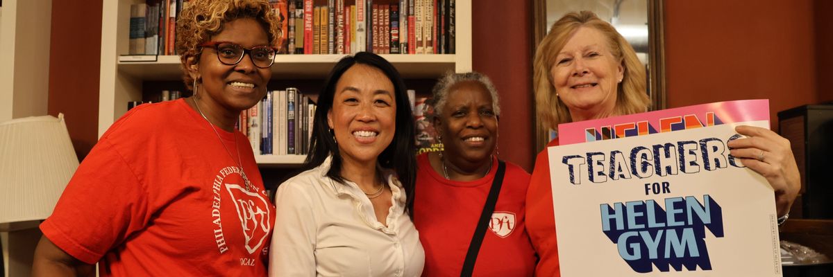 Progressive Philadelphia mayoral candidate Helen Gym met with local educators at a campaign event on May 15, 2023, the day before the city's Democratic primary.